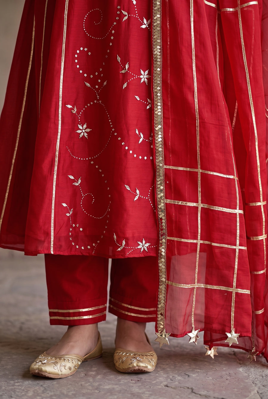 Raha Mul Chanderi Mukaish Anarkali Set in Red