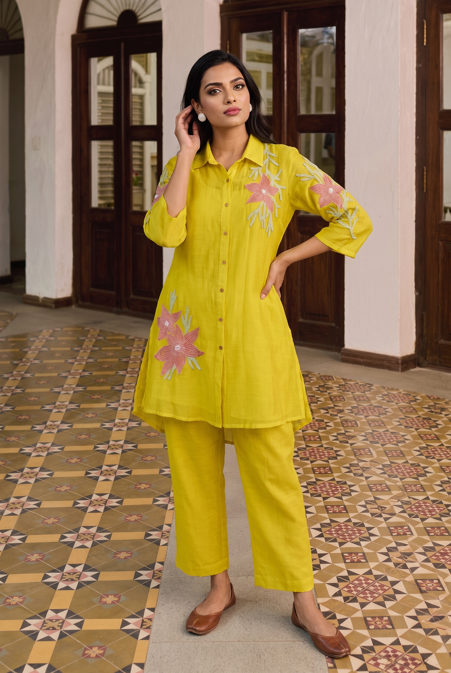Ira Mul Chanderi Co-ord Set in Lime Yellow