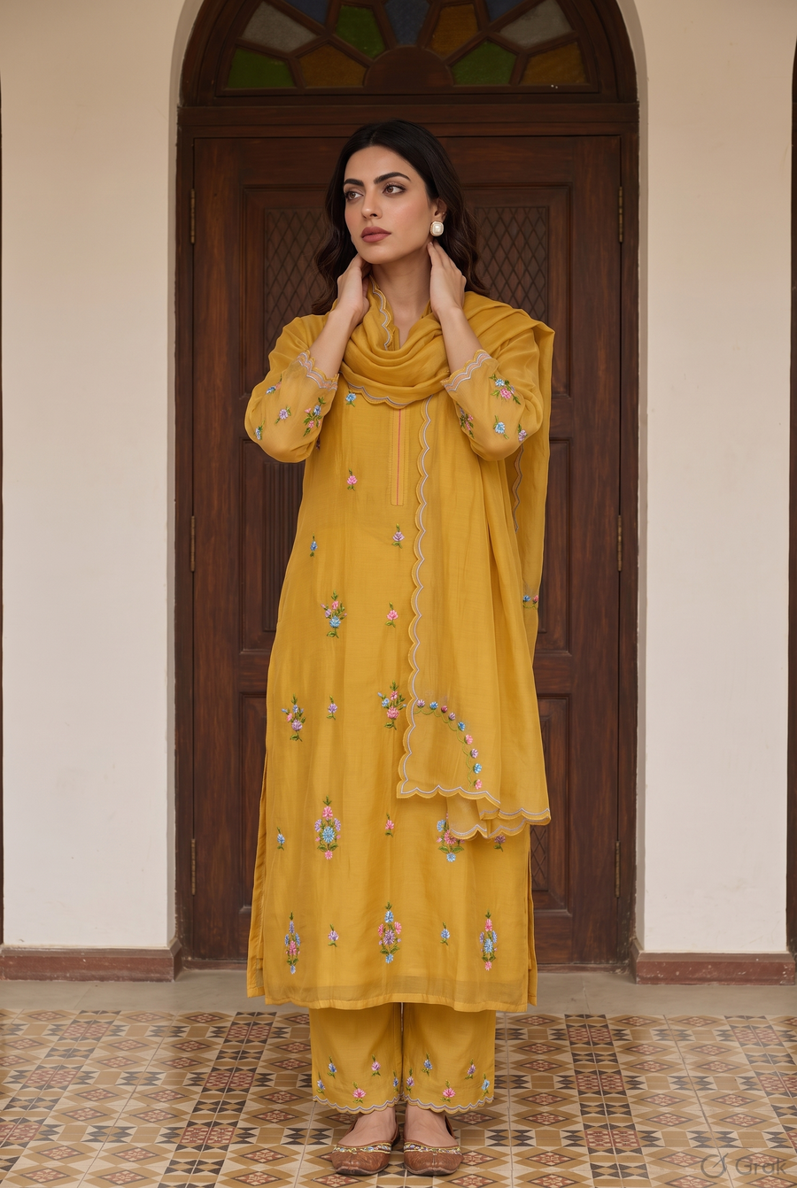 Veya Thread Embroidered Kurta Set in Vintage Yellow
