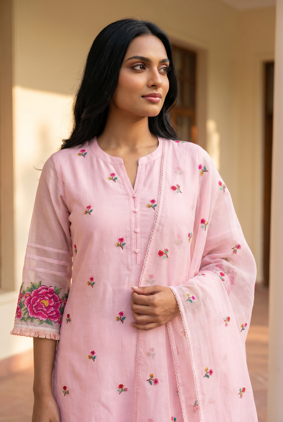 Zia Cross-Stitch Pure Mul Chanderi Kurta Set