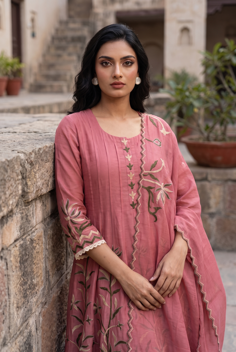Surkhi Mul Chanderi Anarkali Set in Pink Sherbert