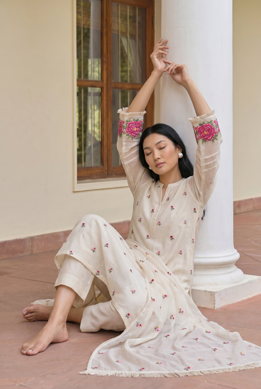 Zia Cross-Stitch Pure Mul Chanderi Kurta Set