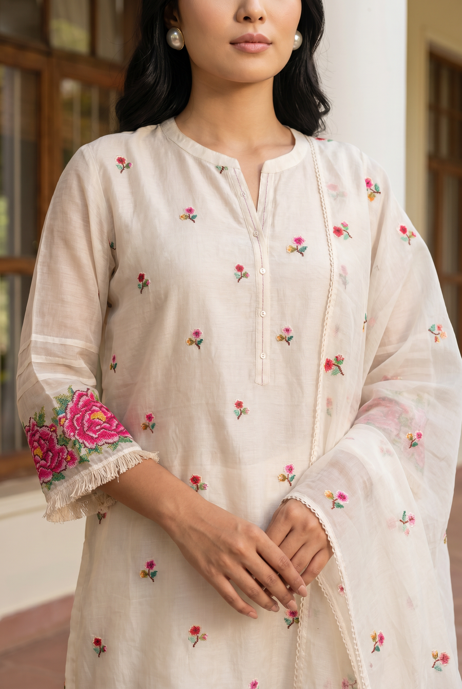 Zia Cross-Stitch Pure Mul Chanderi Kurta Set