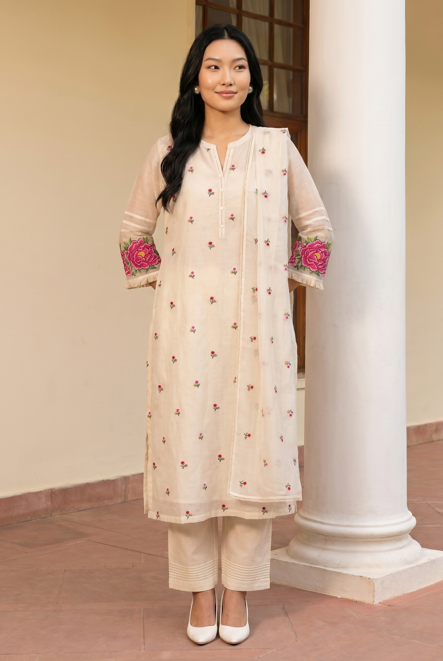 Zia Cross-Stitch Pure Mul Chanderi Kurta Set