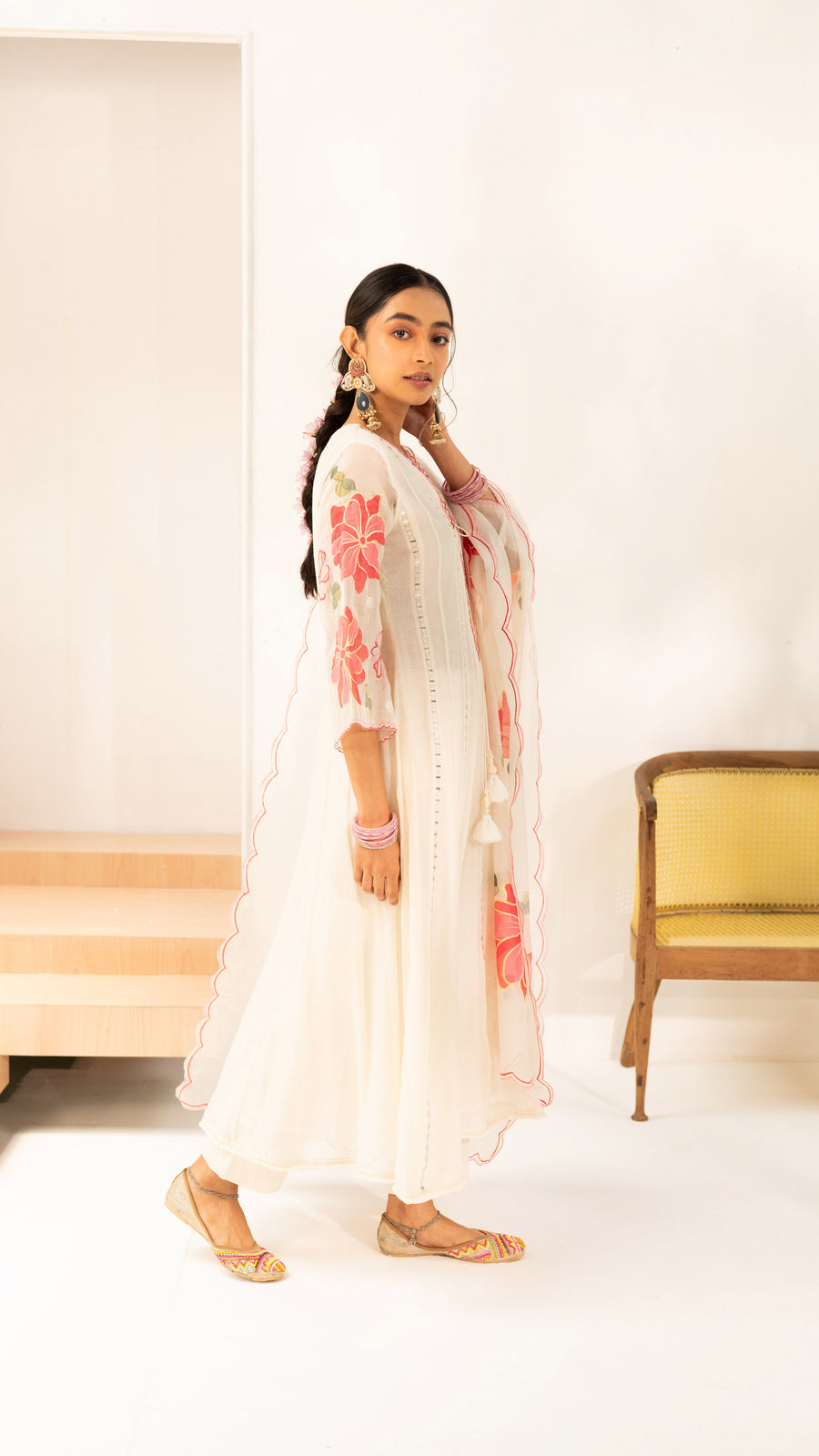 Zoya Mul Chanderi Anarkali Set in Off-White
