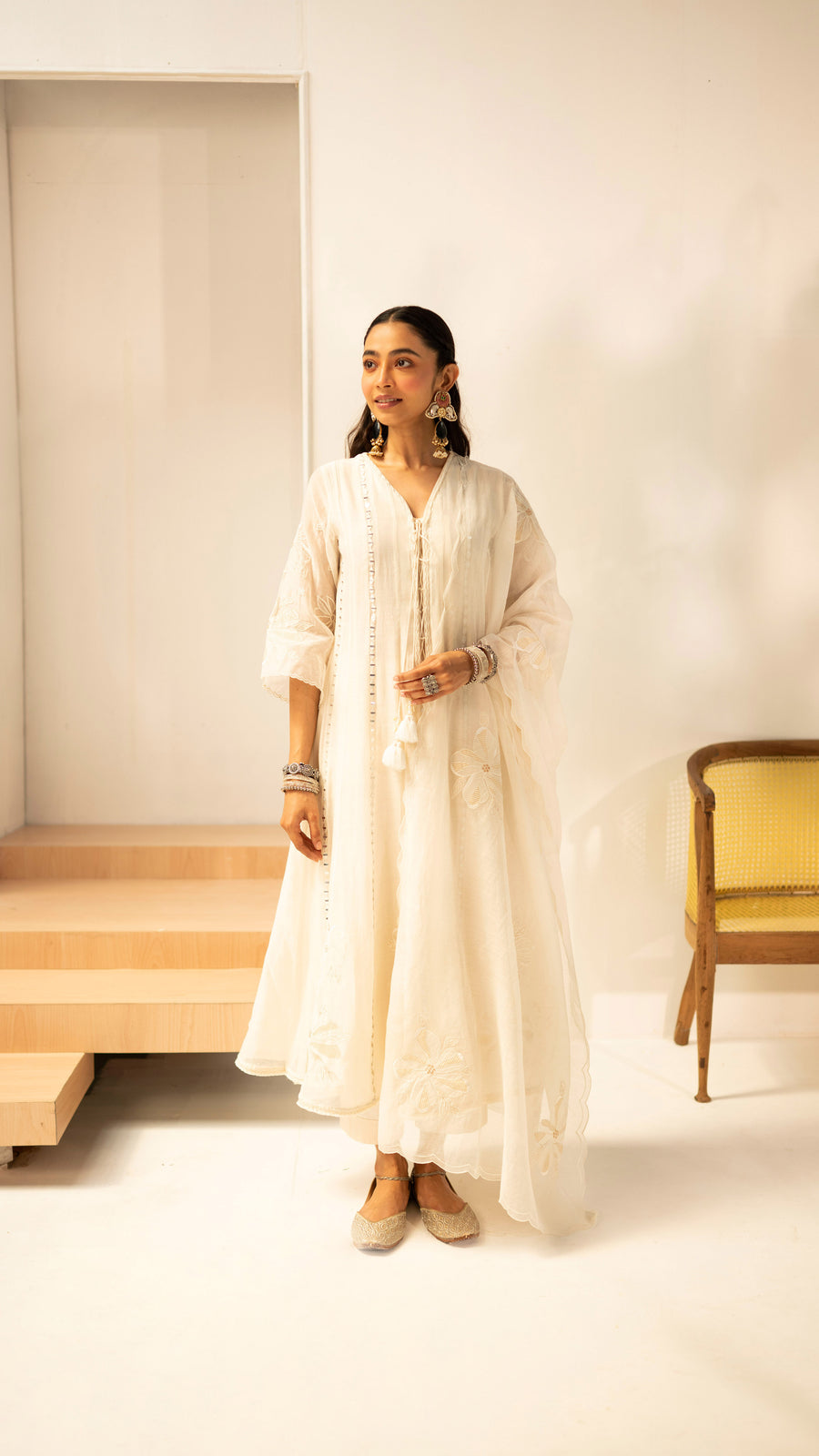Zara Mul Chanderi Anarkali Set in Pearl White