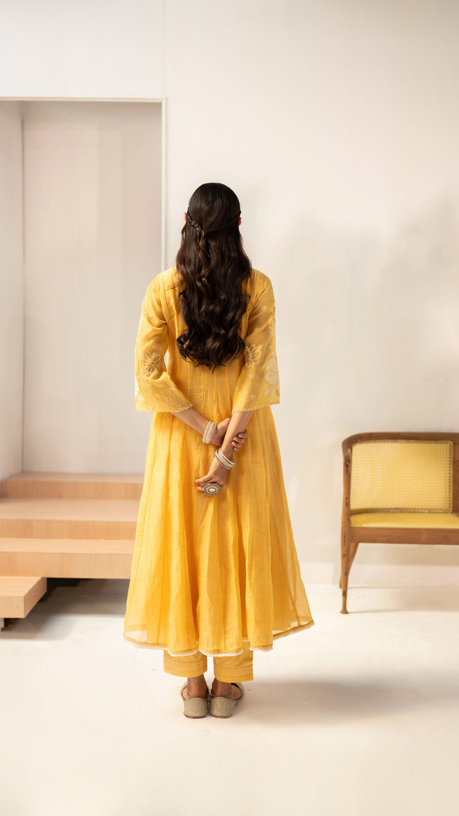 Zara Mul Chanderi Anarkali Set in Yellow