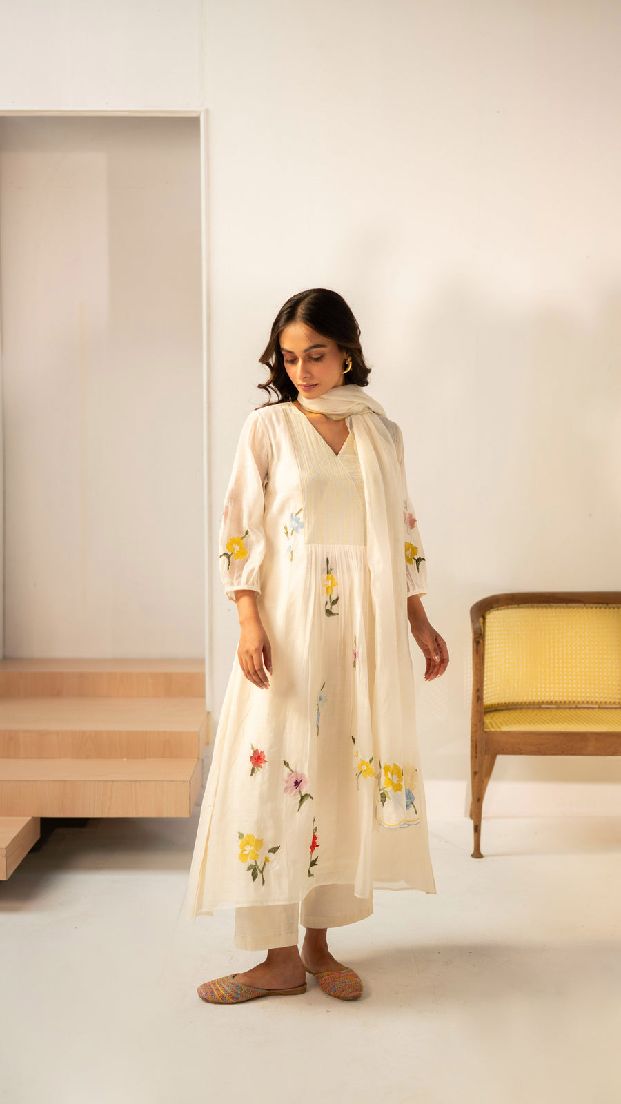 Zooni Mul chanderi Tunic Set in Off-white