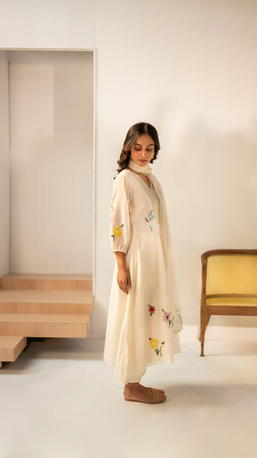 Zooni Mul chanderi Tunic Set in Off-white