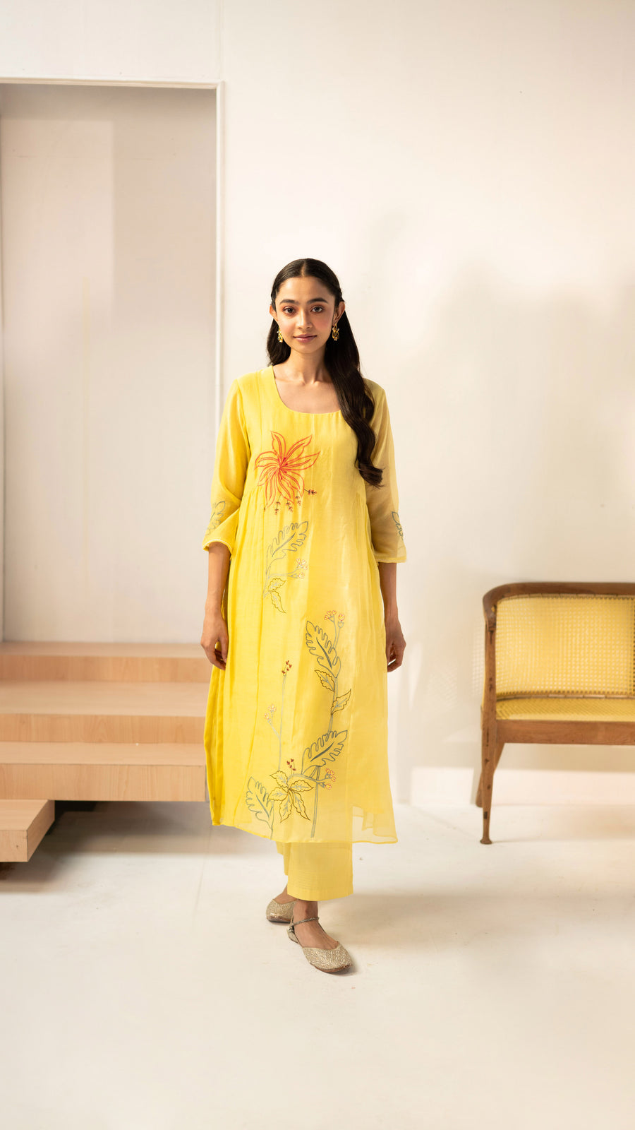 Zavi Mul Chanderi Tunic Set in Yellow