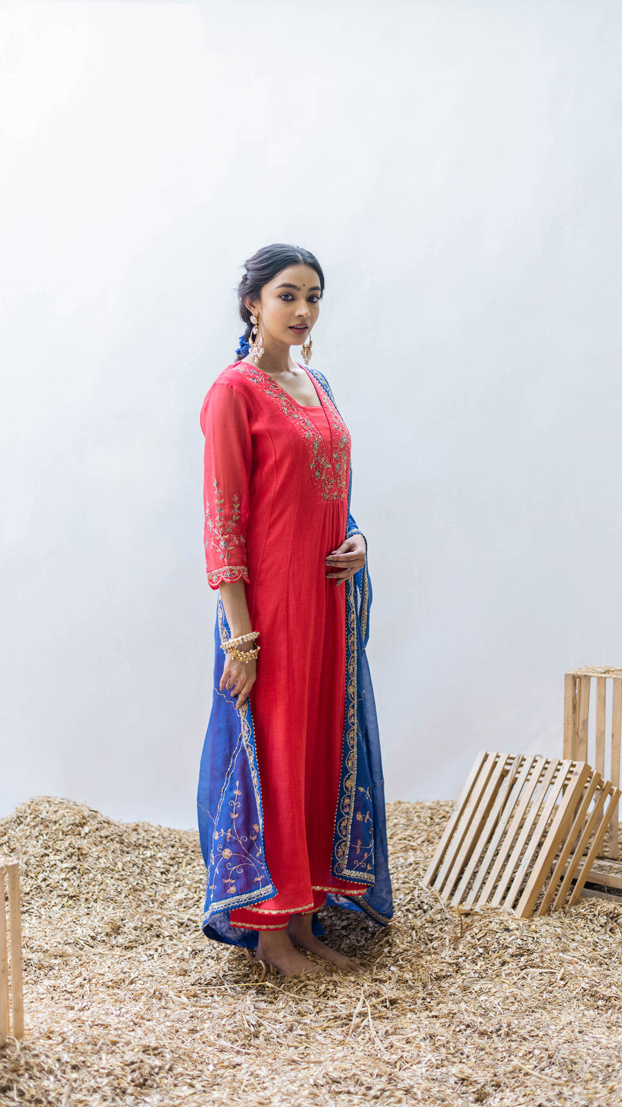 Leila Mul Chadneri A-line Kurta Set in Surkh