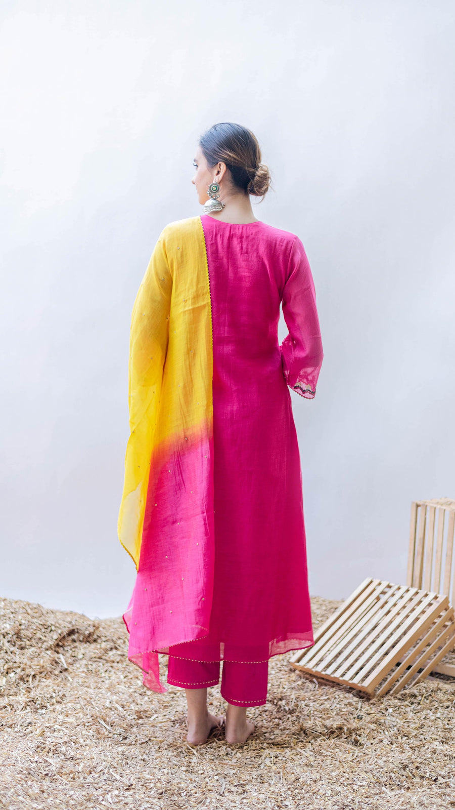 Aqsa Mul Chanderi A-line Kurta Set in Rani