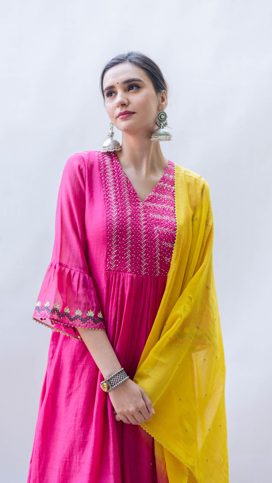 Aqsa Mul Chanderi A-line Kurta Set in Rani
