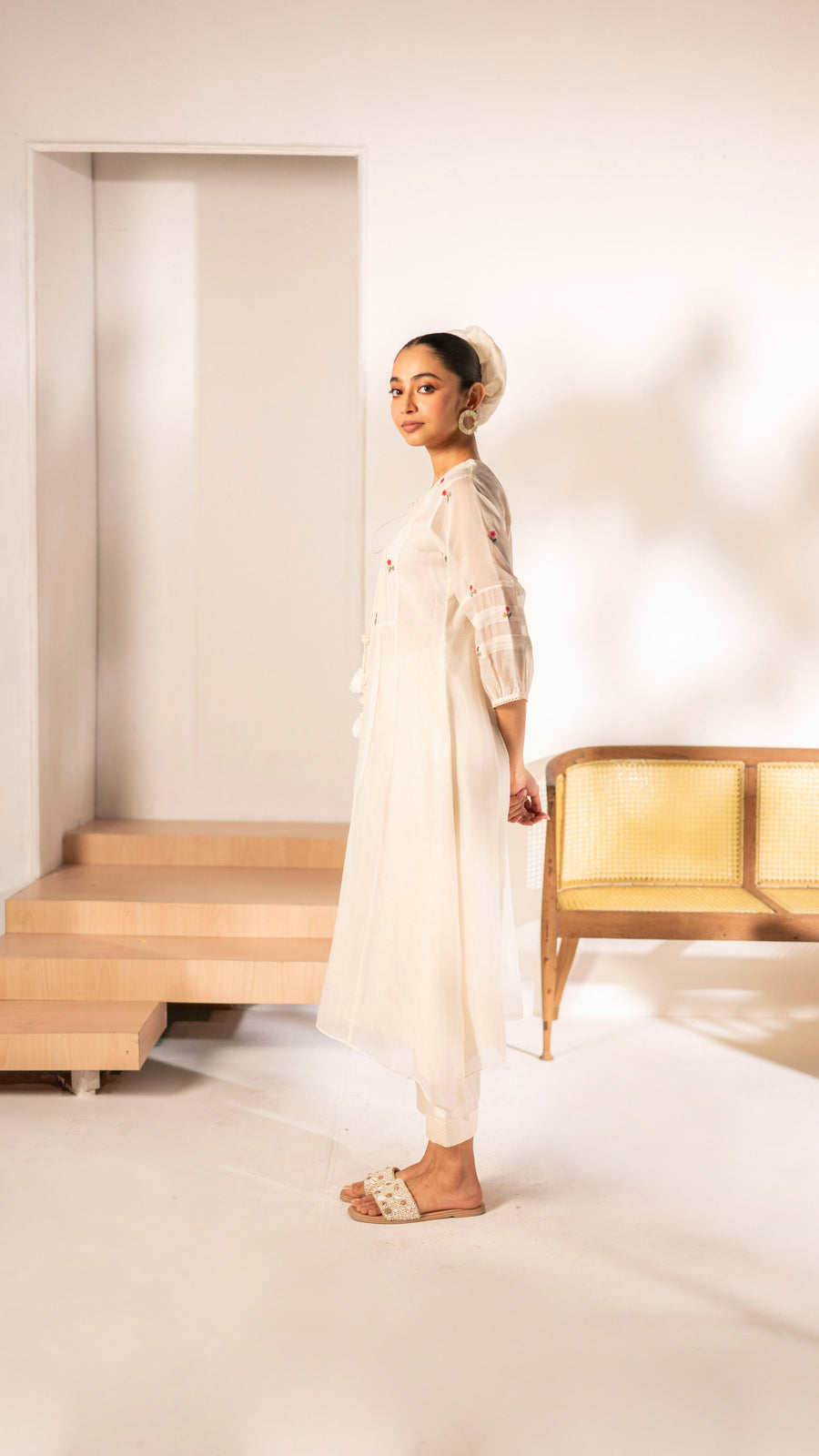 Zia Cross-Stitch Mul Chanderi Tunic Set in Off-White