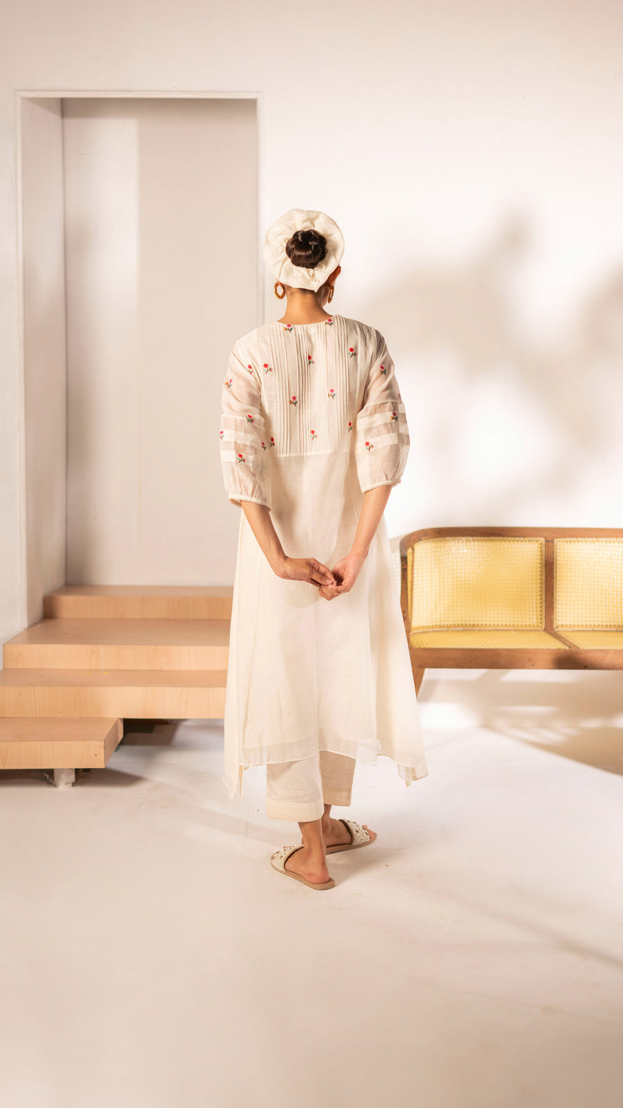 Zia Cross-Stitch Mul Chanderi Tunic Set in Off-White