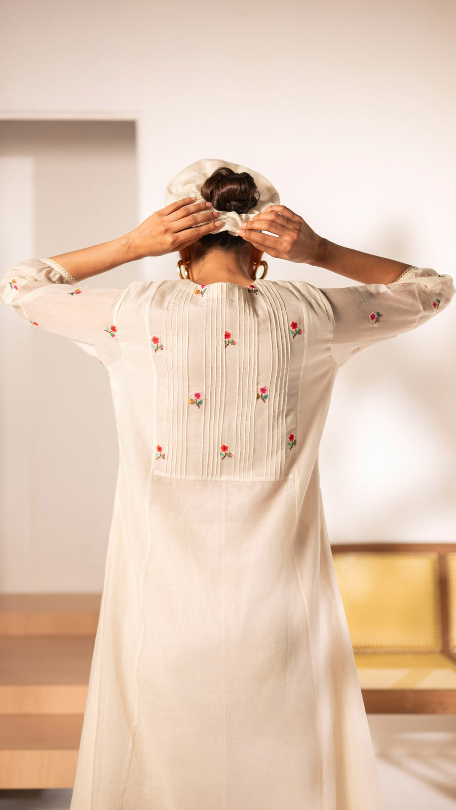 Zia Cross-Stitch Mul Chanderi Tunic Set in Off-White