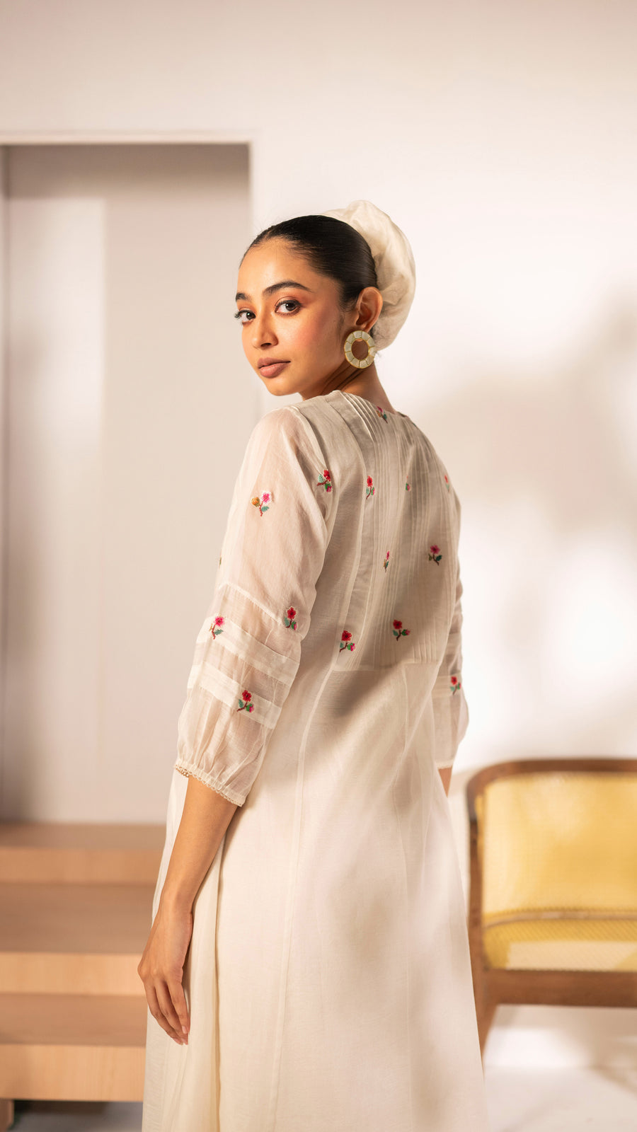Zia Cross-Stitch Mul Chanderi Tunic Set in Off-White