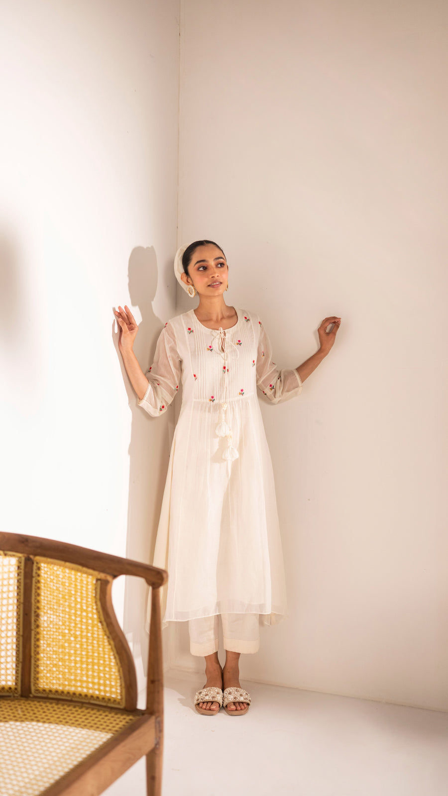 Zia Cross-Stitch Mul Chanderi Tunic Set in Off-White