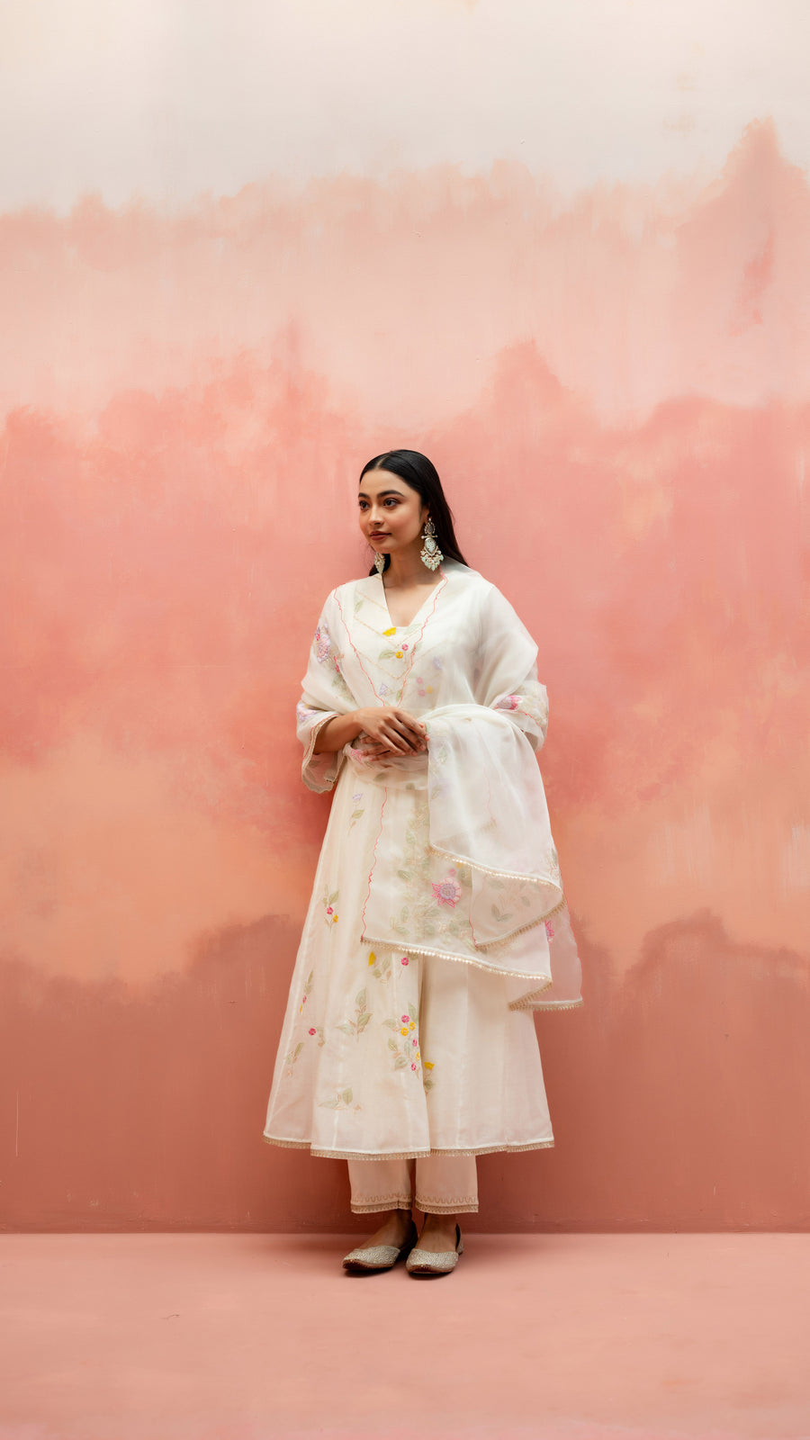 Pari Anarkali Set in Pearl White