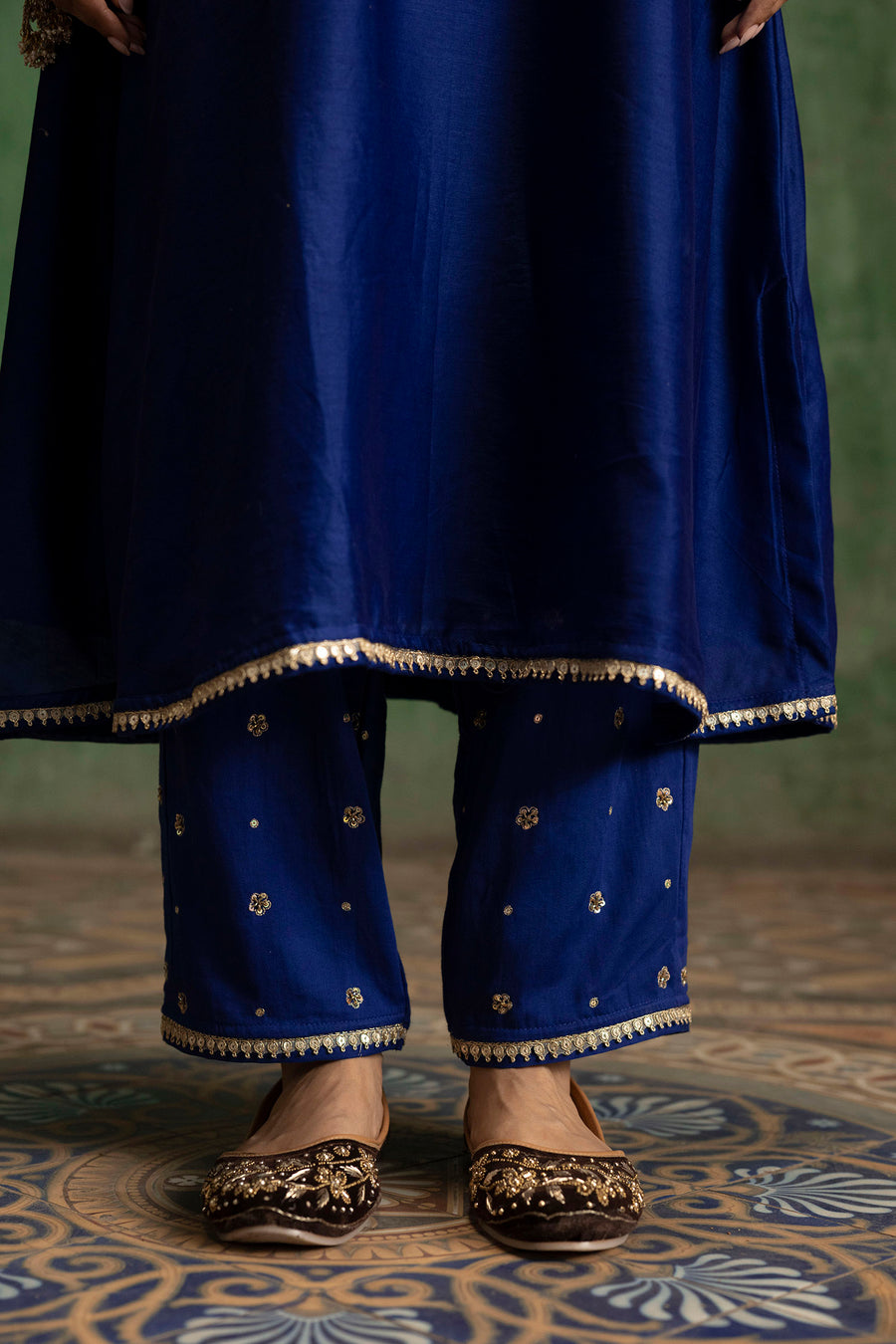 Saanjh Silk Chanderi Aline Kurta Set in Morpankhi
