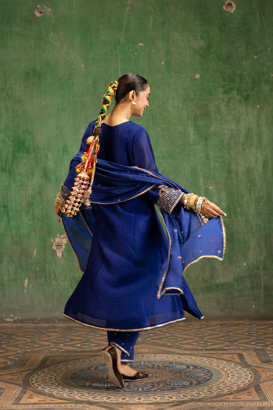 Saanjh Silk Chanderi Aline Kurta Set in Morpankhi