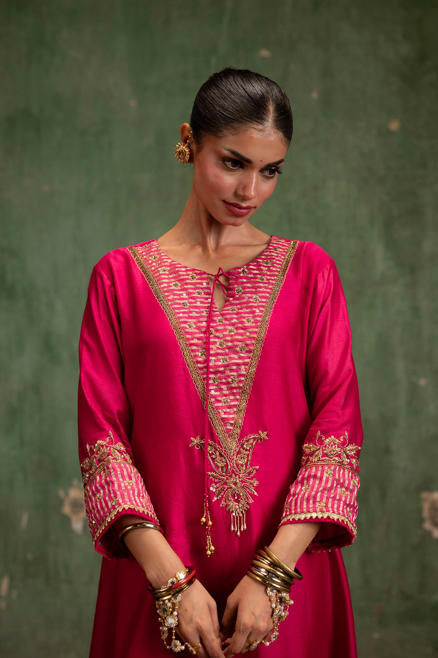 Saanjh Silk Chanderi Aline Kurta Set in Rani