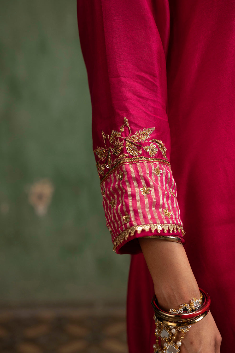 Saanjh Silk Chanderi Aline Kurta Set in Rani
