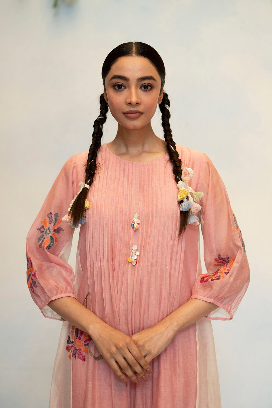 AM by Anita Mittal Noor Meher Pink Mul Chanderi Tunic with Butter Cotton Pant with Cord Embroidery