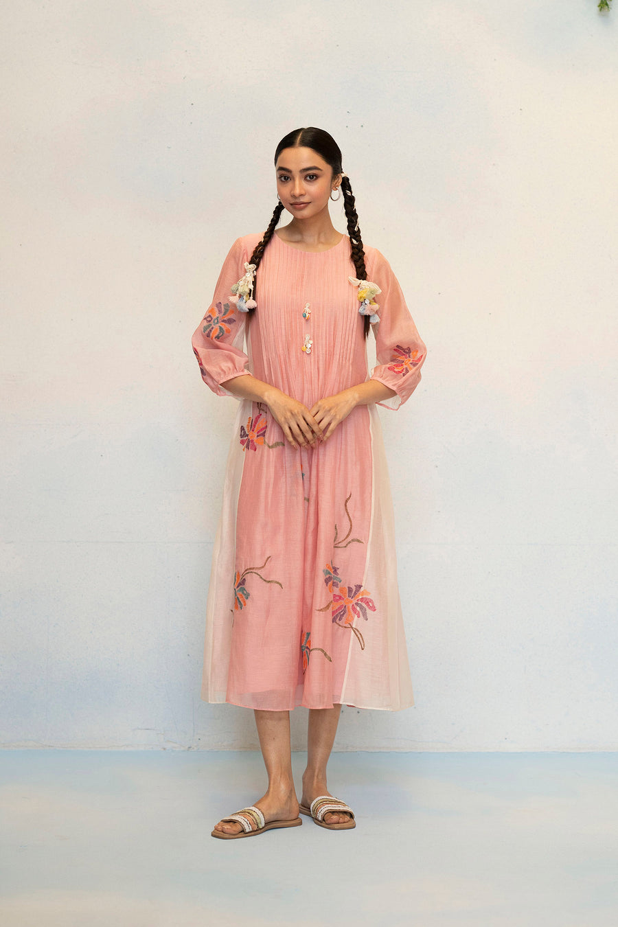AM by Anita Mittal Noor Meher Pink Mul Chanderi Tunic with Butter Cotton Pant with Cord Embroidery