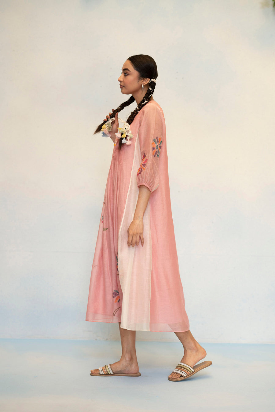 AM by Anita Mittal Noor Meher Pink Mul Chanderi Tunic with Butter Cotton Pant with Cord Embroidery