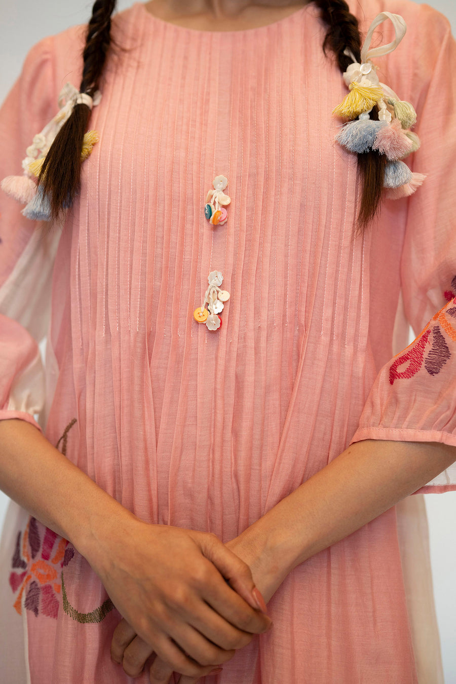 AM by Anita Mittal Noor Meher Pink Mul Chanderi Tunic with Butter Cotton Pant with Cord Embroidery