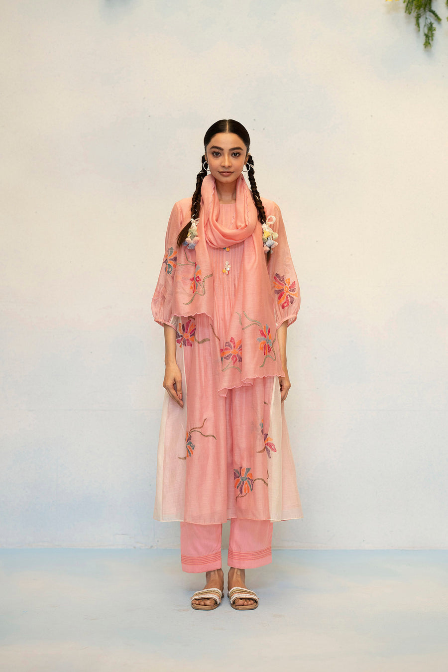 AM by Anita Mittal Noor Meher Pink Mul Chanderi Tunic with Butter Cotton Pant with Cord Embroidery