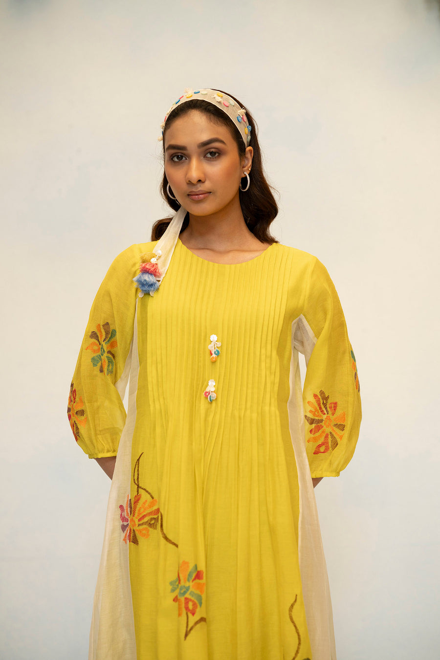 Meher Mul Chanderi Tunic Set in Olive Yellow