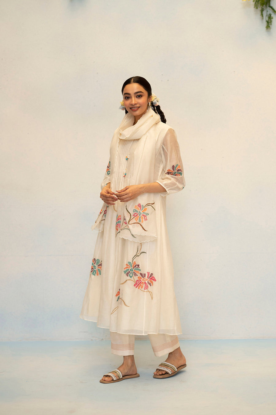 AM by Anita Mittal Noor Meher Off-White Mul Chanderi Tunic with Butter Cotton Pant with Cord Embroidery