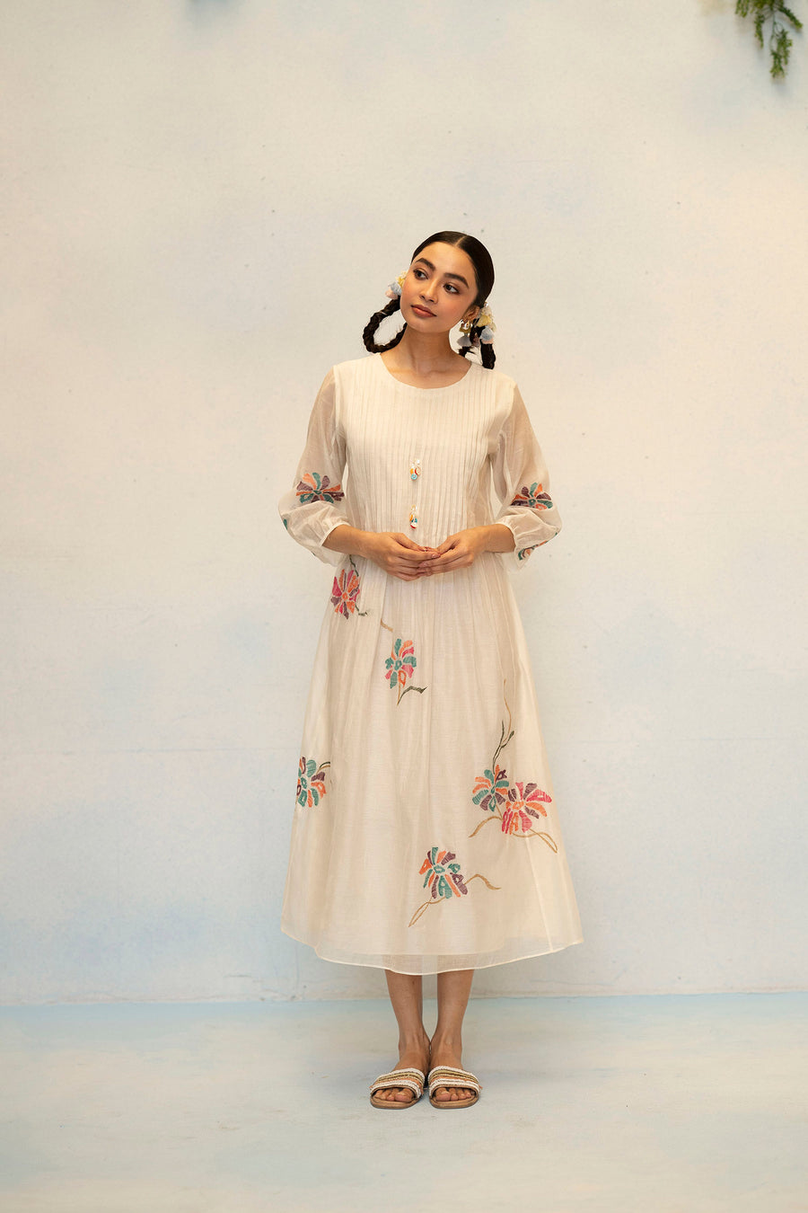 AM by Anita Mittal Noor Meher Off-White Mul Chanderi Tunic with Butter Cotton Pant with Cord Embroidery