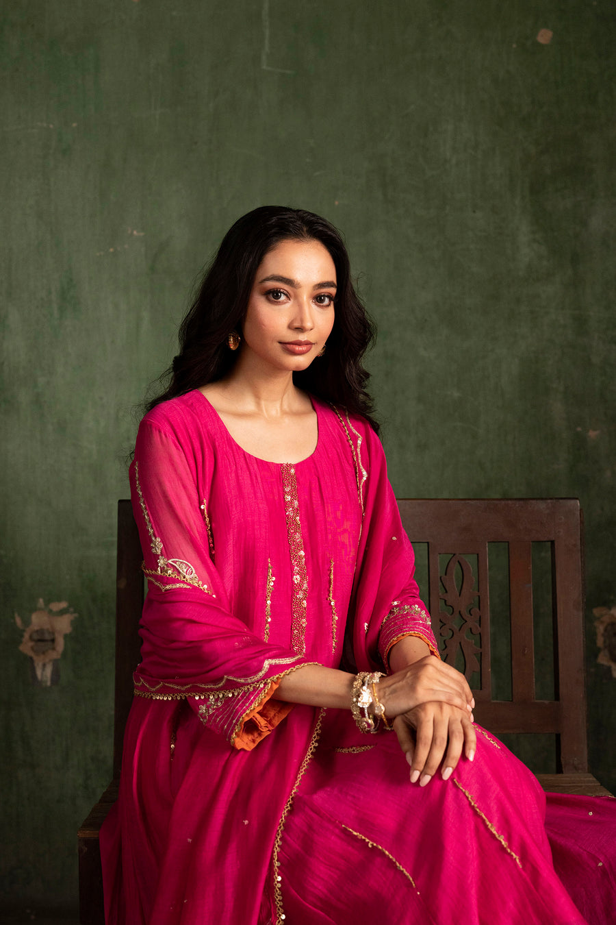 Itraati Mul Chanderi Anarkali Set in Rani