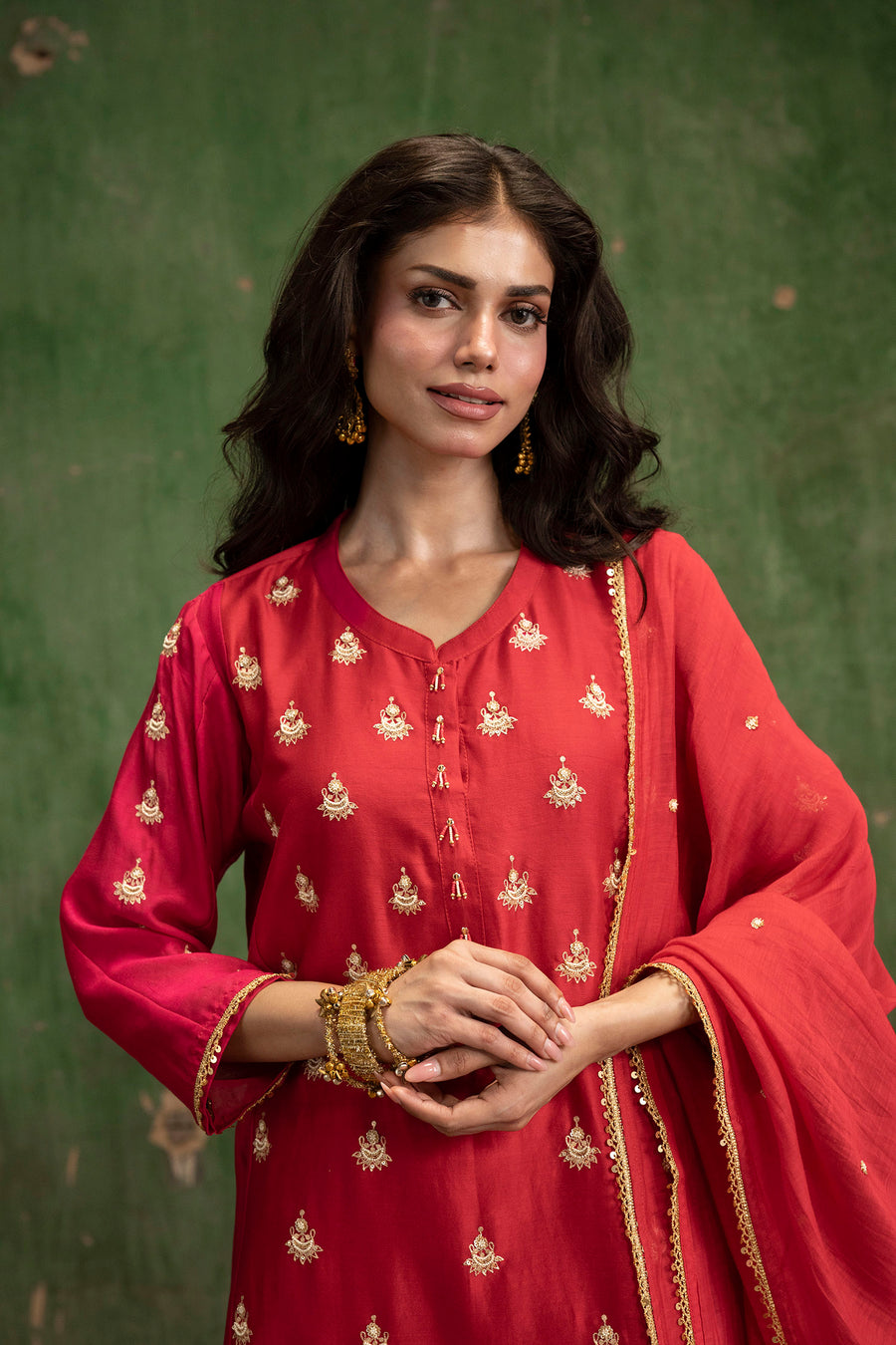 Guldaasta Mul Chanderi Aline Kurta Set in Surkh