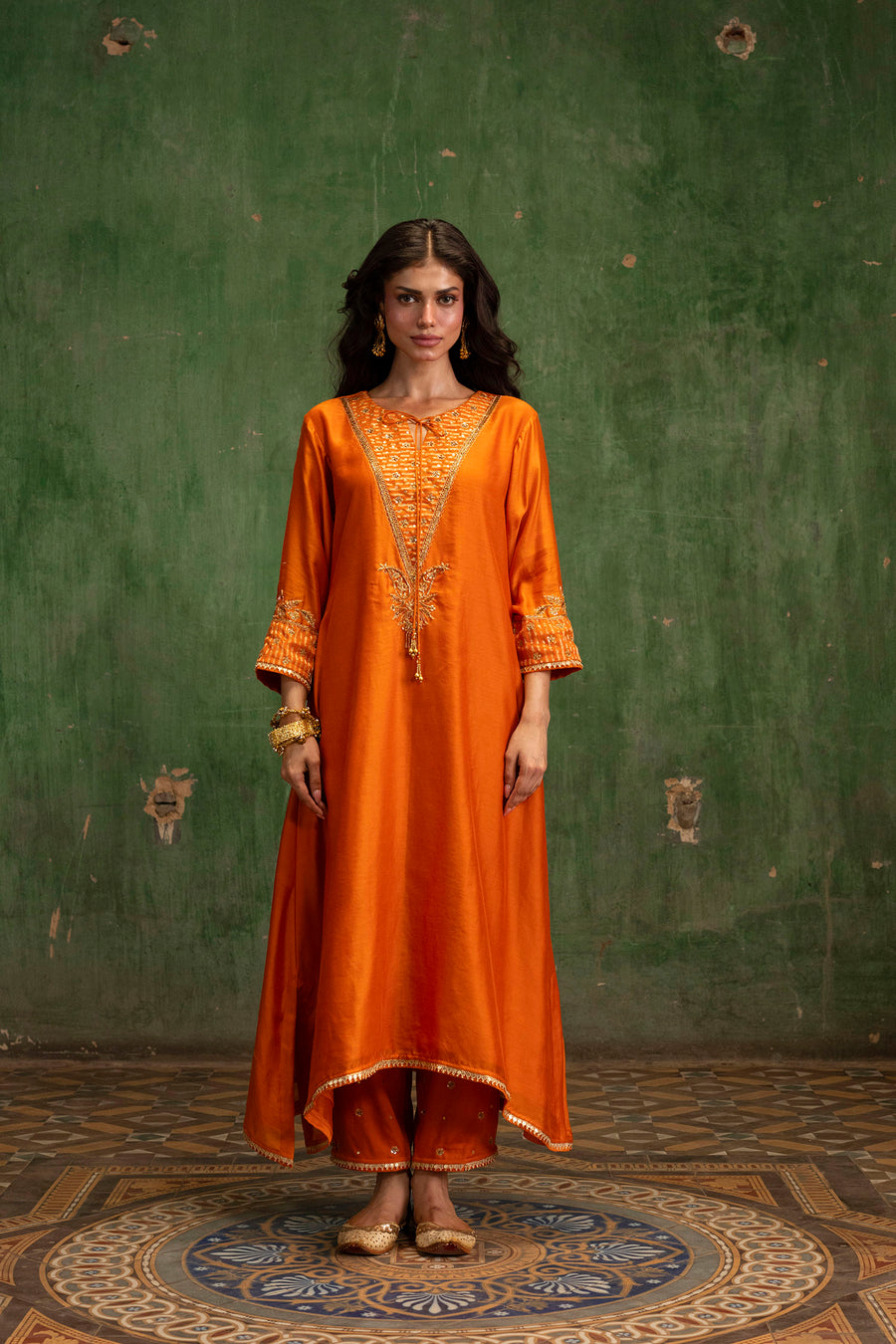 Saanjh Silk Chanderi Aline Kurta Set in Narangi