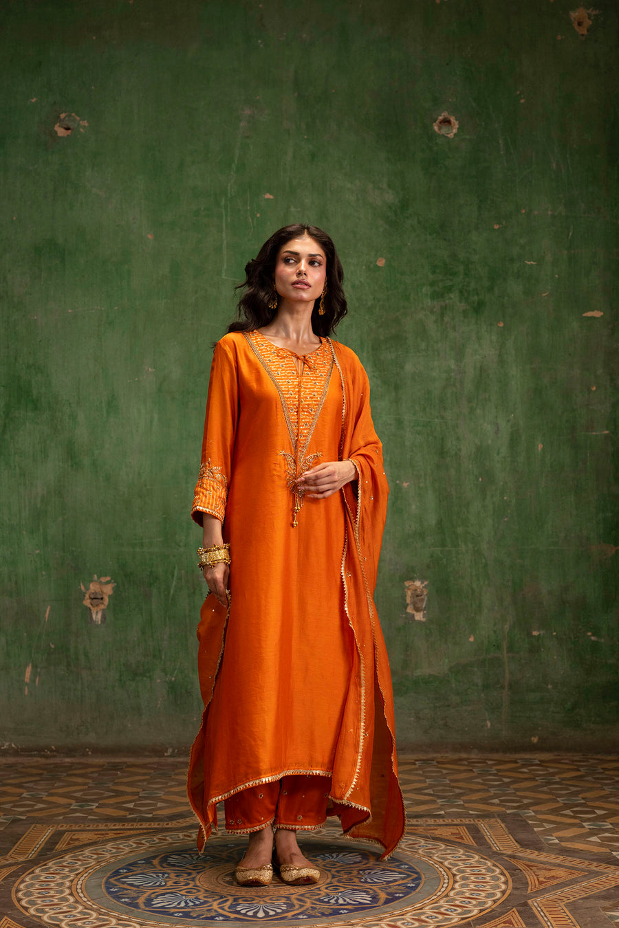 Saanjh Silk Chanderi Aline Kurta Set in Narangi