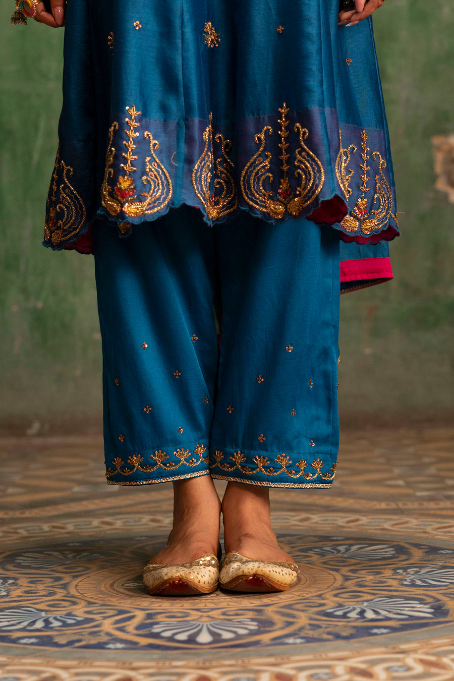 Piroi Silk Chanderi Anarkali Set in Neela