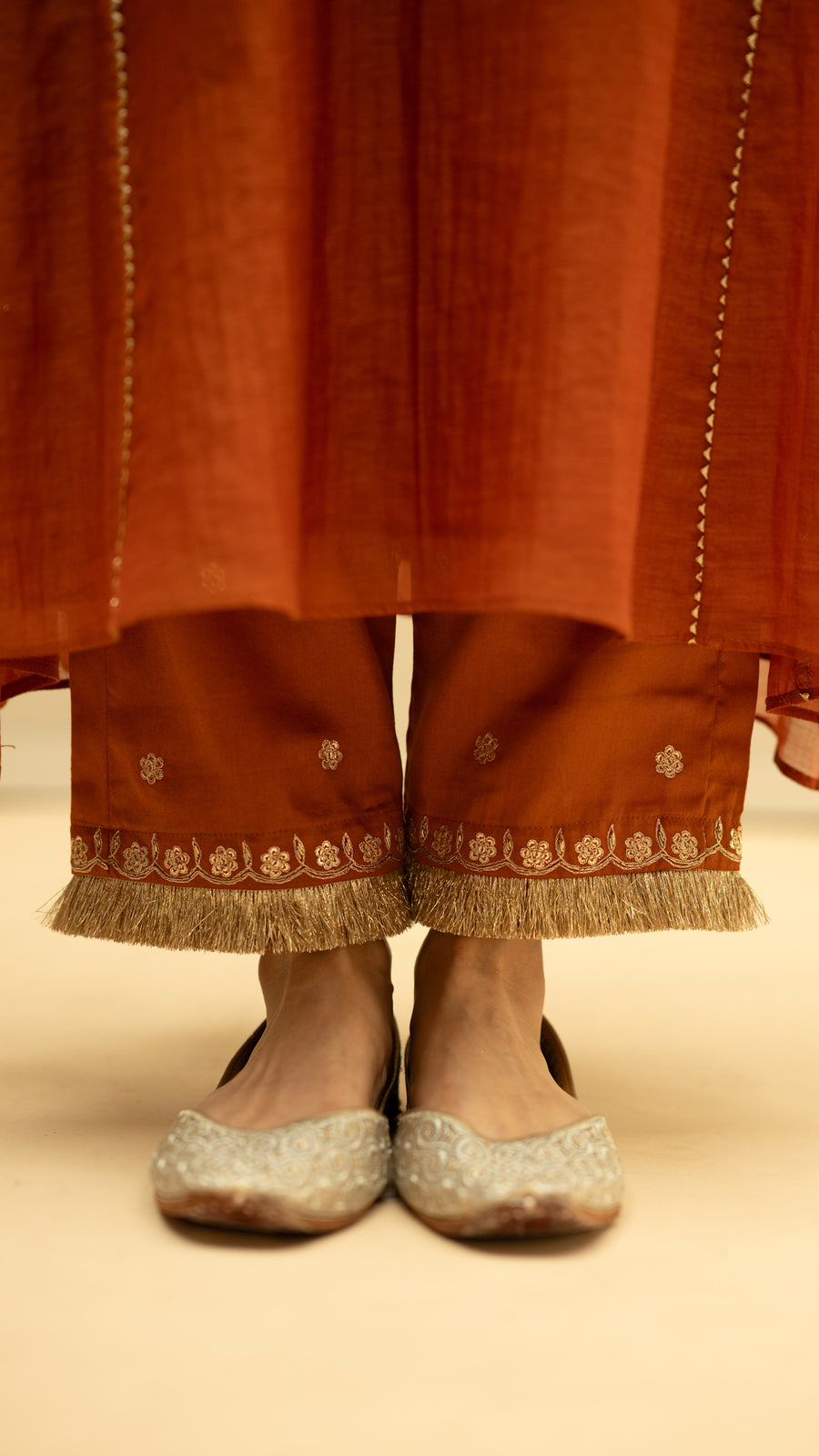 Chaandbali Mul Chanderi Aline Kurta Set in Burnt Orange