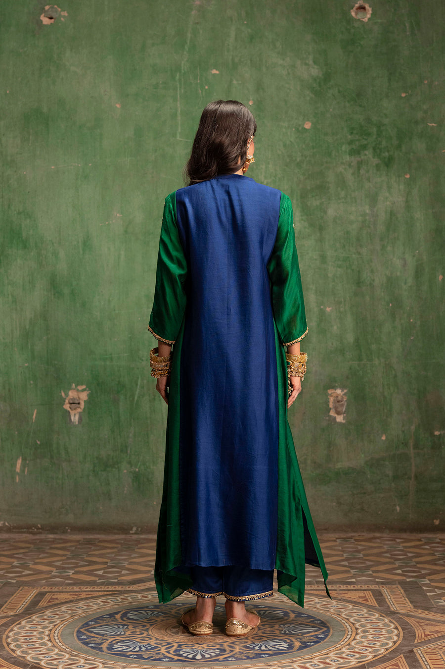 Guldaasta Mul Chanderi Aline Kurta Set in Morpankhi