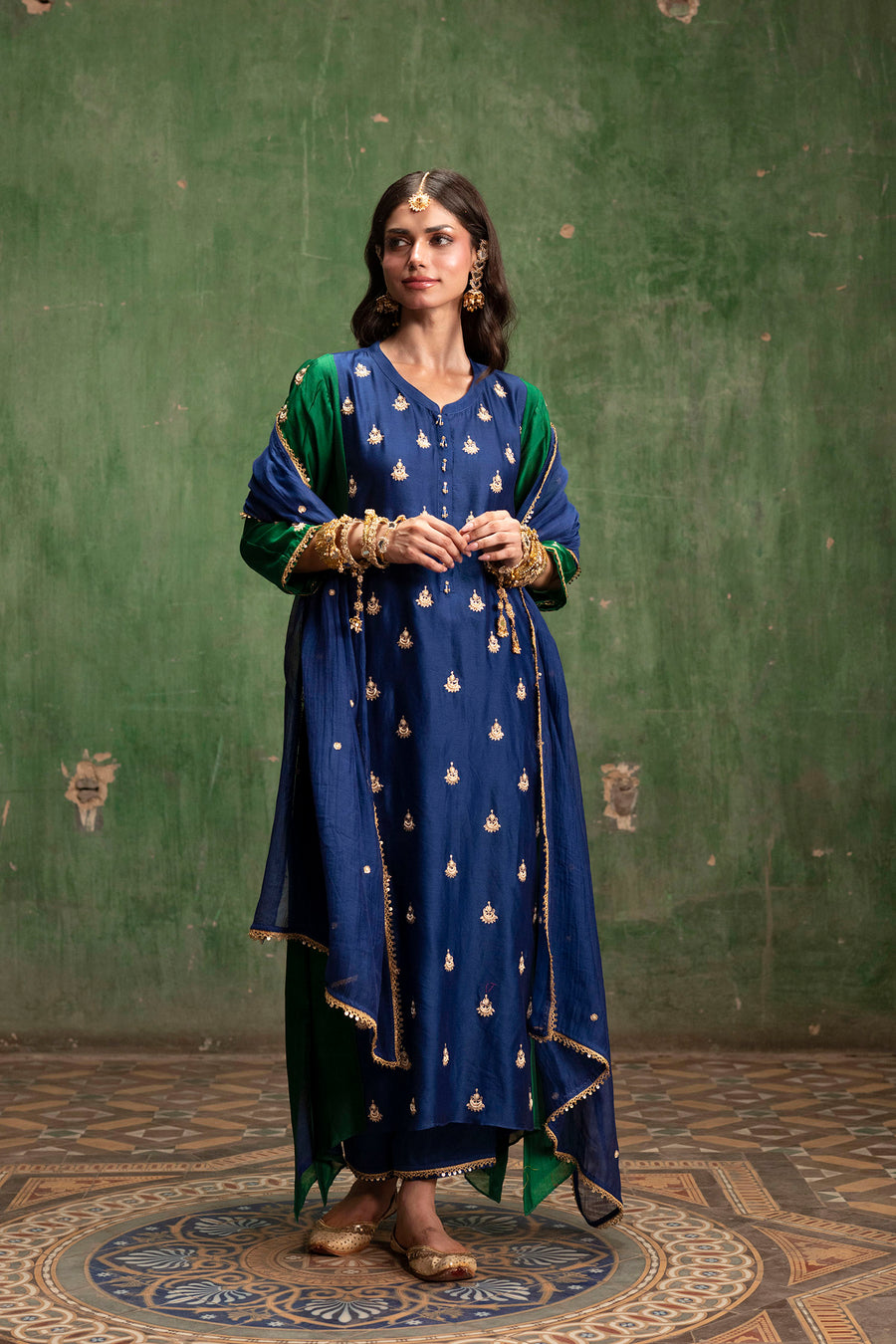Guldaasta Mul Chanderi Aline Kurta Set in Morpankhi