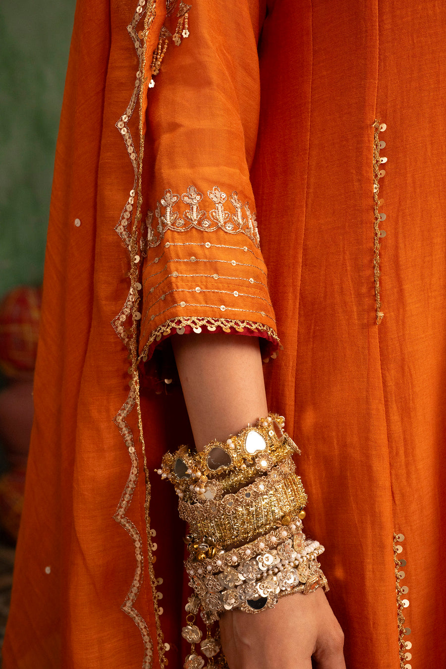 Itraati Mul Chanderi Anarkali Set in Narangi