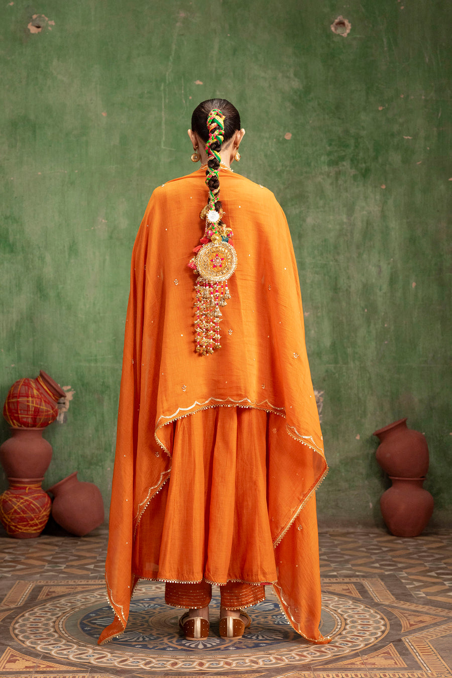 Itraati Mul Chanderi Anarkali Set in Narangi