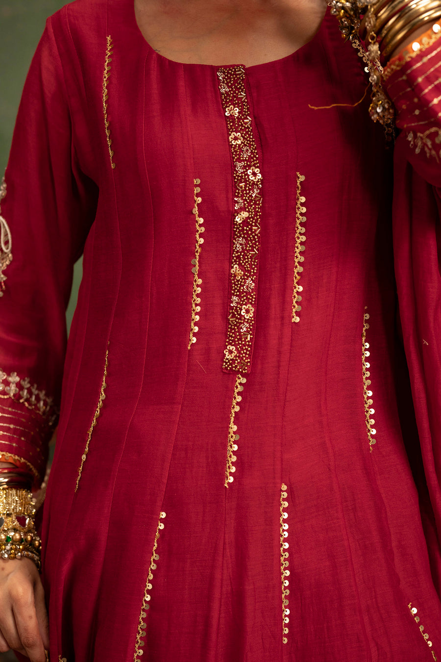 Itraati Mul Chanderi Anarkali Set in Surkh
