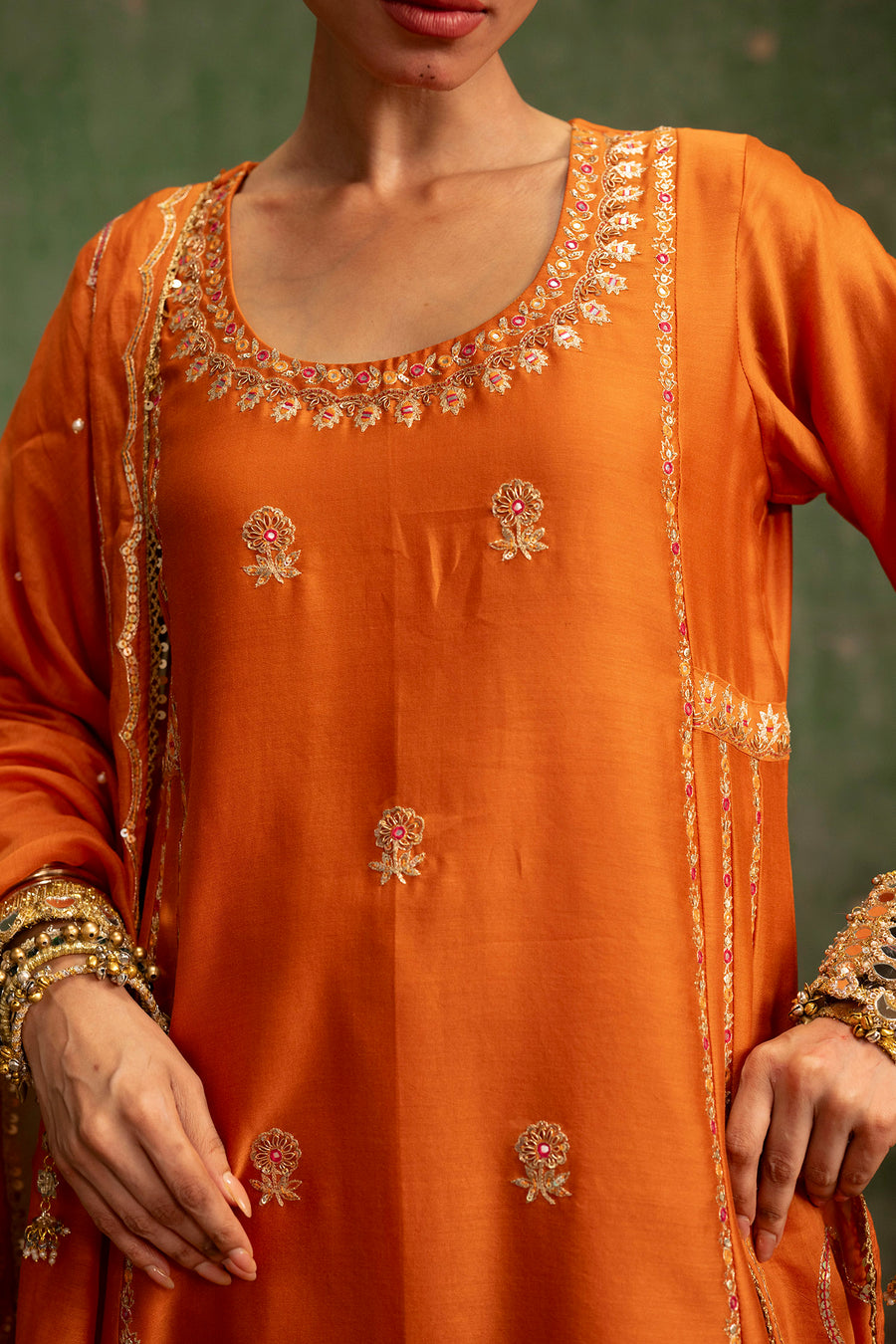 Aaliyah Silk Chanderi Aline Kurta Set in Orange