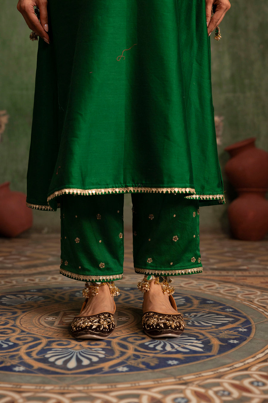 Saanjh Silk Chanderi Aline Kurta Set in Panna