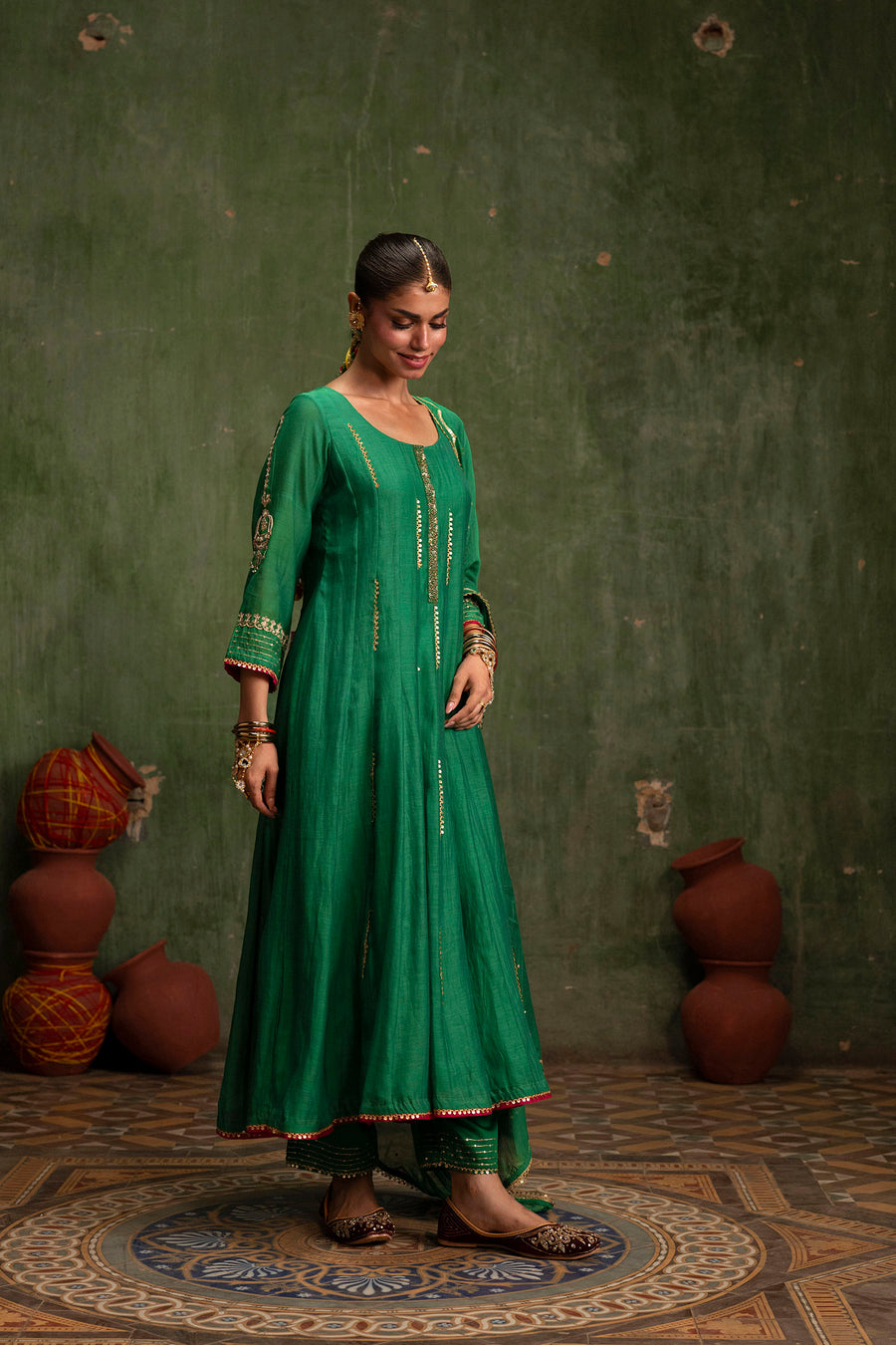 Itraati Mul Chanderi Anarkali Set in Panna