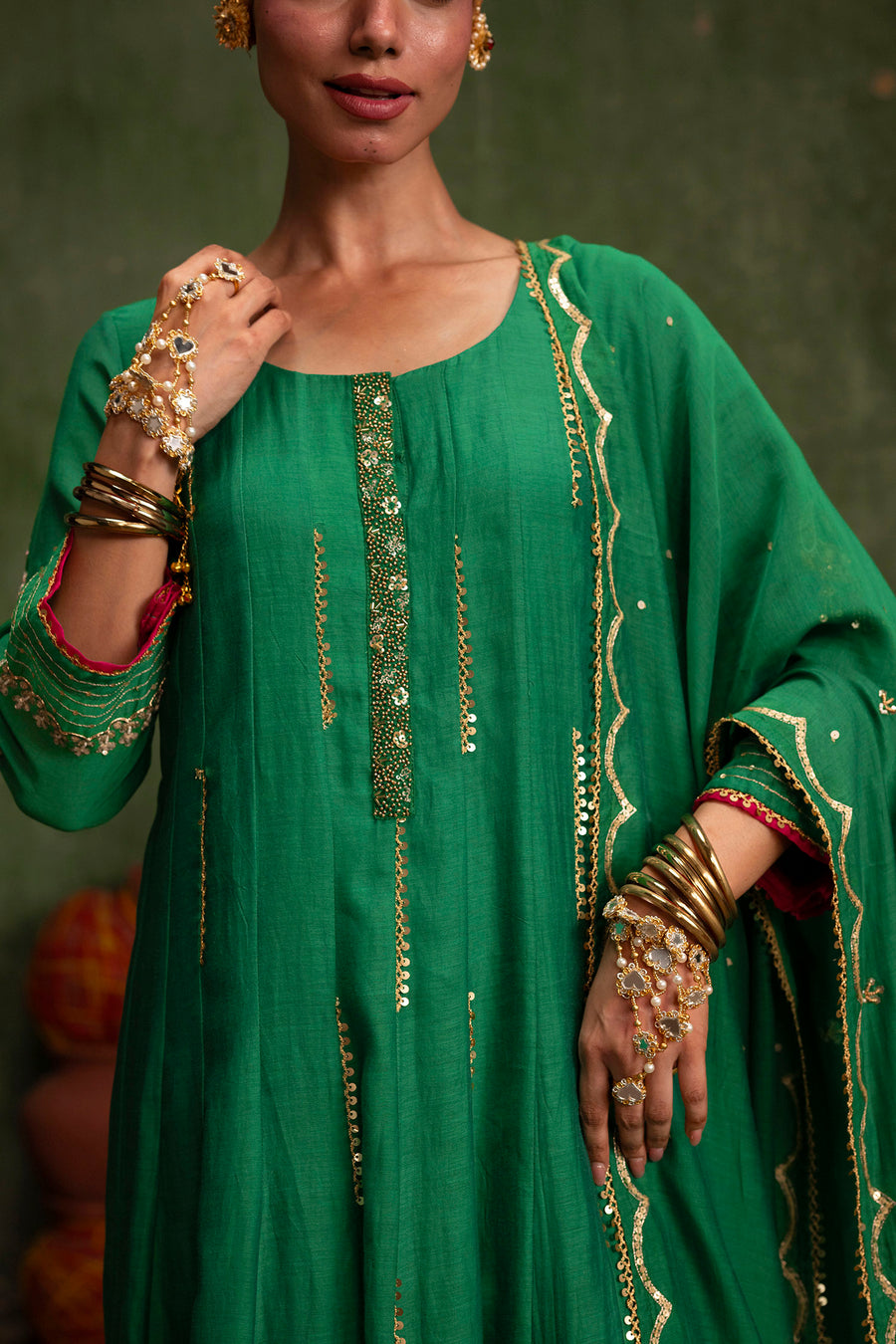 Itraati Mul Chanderi Anarkali Set in Panna